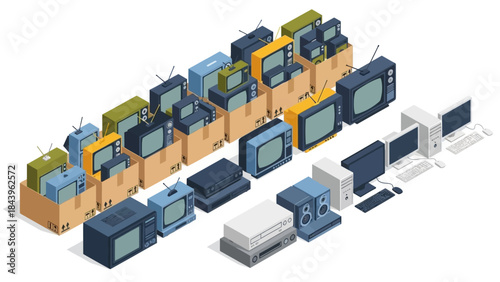 Retro and modern electronics in isometric style