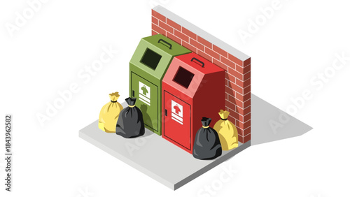 Isometric recycling bins with trash bags near brick wall