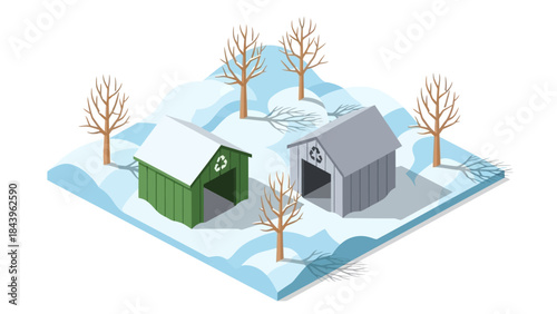 Winter park scene with recycling bins and snowy landscape