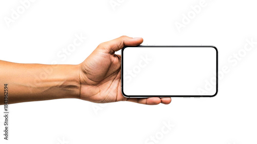 Hand holding a modern black smartphone in a horizontal, landscape orientation with a blank screen.