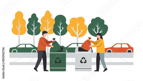 Eco-friendly city park: people recycling in autumn urban environment