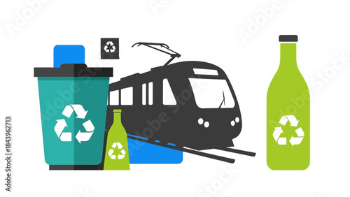 Eco-friendly transportation and recycling icons in modern flat design