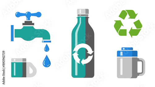 Eco-friendly water conservation icons featuring recycling and sustainable solutions