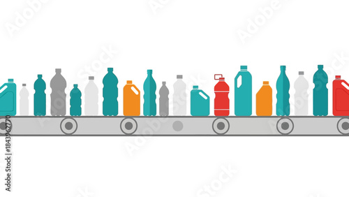 Colorful plastic bottles on conveyor belt in minimalist cartoon style