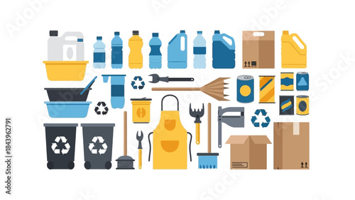 Recycling and waste management icons in flat design with cleaning tools and packaging
