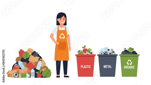 Recycling concept with woman sorting waste into plastic, metal, and organic bins