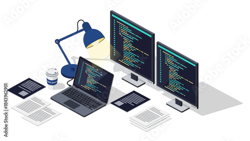 Modern isometric workspace with coding monitors, laptop, desk lamp, and coffee