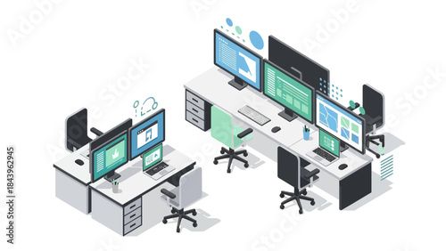 Modern office design with isometric computer desks and monitors