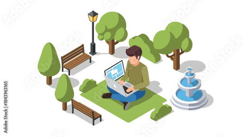 Isometric park scene with person working on laptop surrounded by nature elements