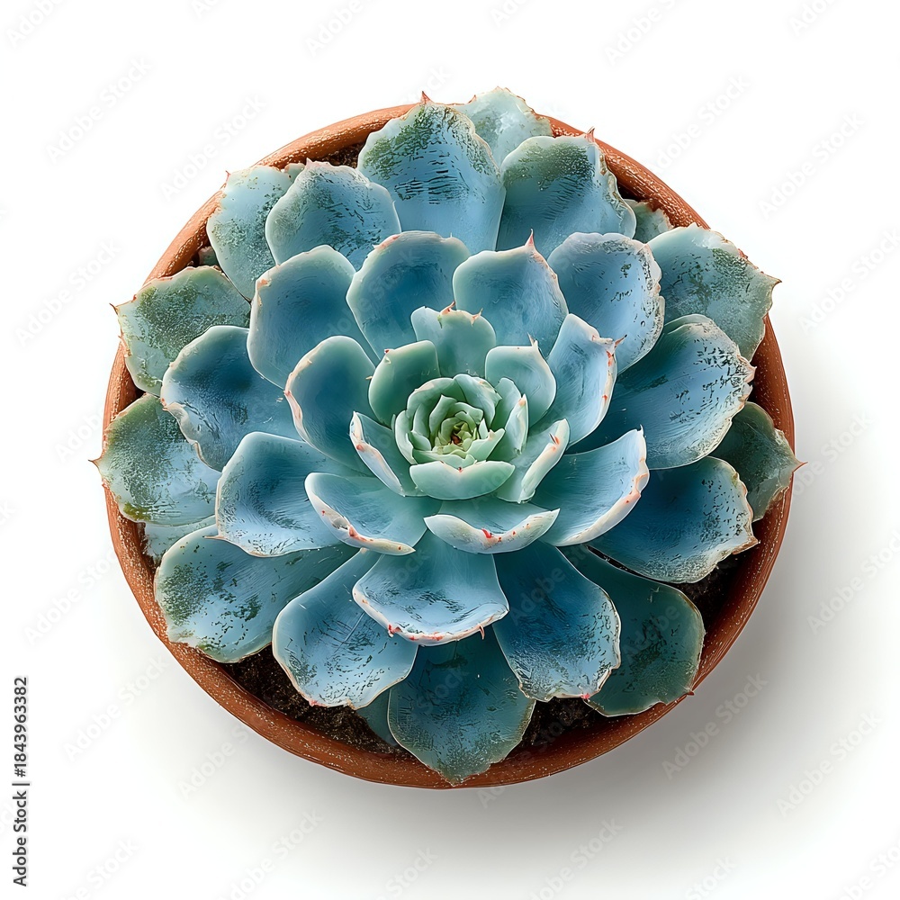 Obraz premium Blue-green succulent plant in terracotta pot isolated on white background for home decor and gardening projects.