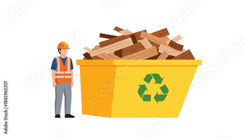 Construction worker beside wood-filled dumpster with recycling symbol in flat art style