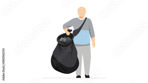 Urban cleanup: faceless man carrying large black trash bag in minimalist style