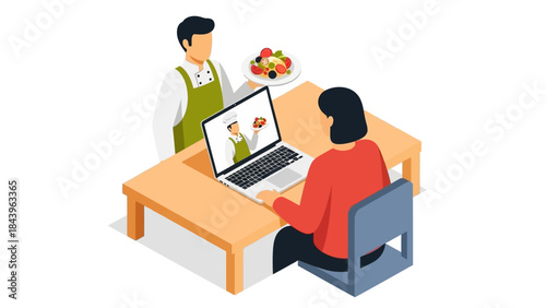 Online cooking class with chef in virtual meeting on laptop