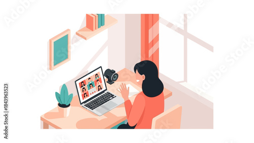 Remote work meeting in cozy home office setting with video call on laptop