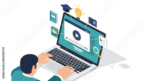 Online learning concept with laptop and educational icons