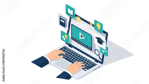 Isometric online learning concept featuring laptop and digital education icons