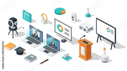 Isometric office setup with video conference and presentation tools