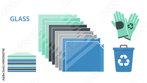 Glass recycling icons: green gloves, recycle bin, and broken glass in flat style