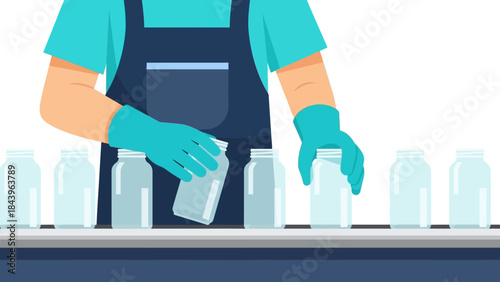 Factory worker sorting glass jars on production line in flat design