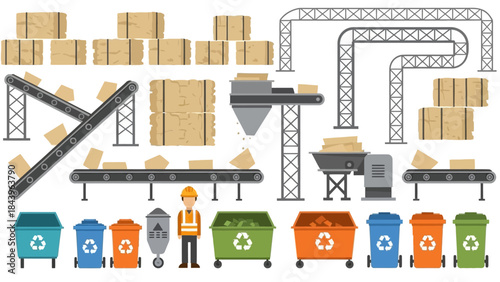 Recycling process elements with conveyor belt and factory equipment icons