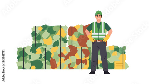 Waste management employee standing in front of recycled cardboard bales