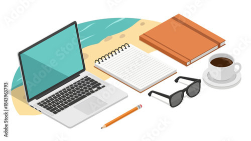 Isometric summer beach workspace with laptop and coffee