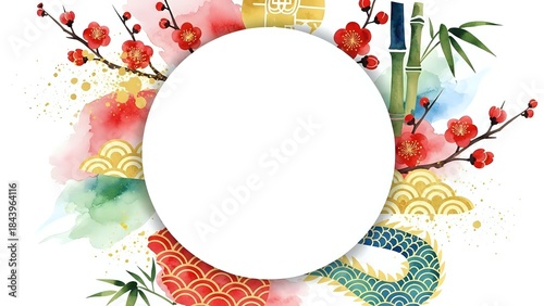Asian-inspired watercolor frame with cherry blossoms, bamboo, traditional patterns and circular white space for text or design elements.