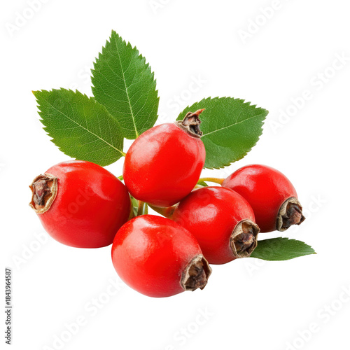 Cluster of fresh rosehip berries with green leaves isolated on white

