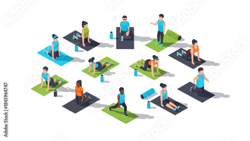 Isometric group yoga class with diverse people practicing in studio setting