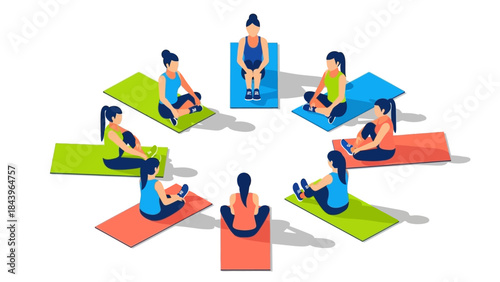 Group yoga session with women practicing fitness on colorful mats in isometric style