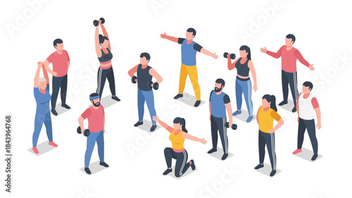 Isometric fitness enthusiasts exercising with dumbbells in group workout session