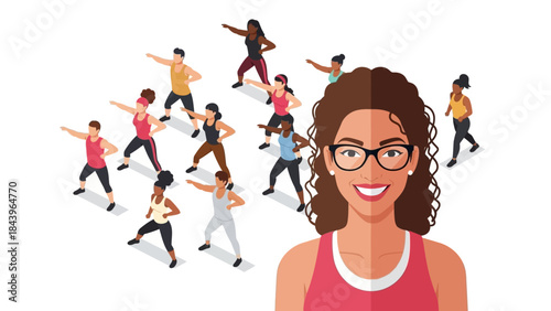 Isometric fitness class with diverse group of people exercising and smiling instructor