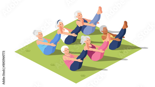 Senior women practicing yoga outdoors in a group setting on grass