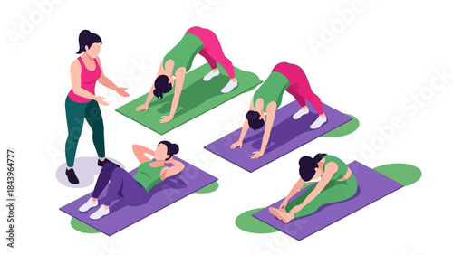 Fitness instructor leading a group yoga class with women on mats in isometric style
