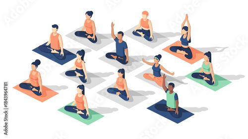 Diverse group practicing yoga poses on colorful mats in isometric style