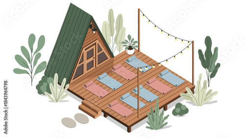 Cozy outdoor yoga retreat with a-frame cabin and string lights