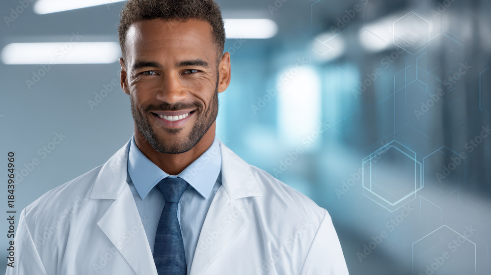 Fototapeta premium Smiling male doctor in white coat wearing tie standing in bright modern hospital corridor conveying confident professional warmth