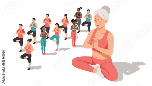 Diverse group practicing yoga with elderly woman leading in meditation pose