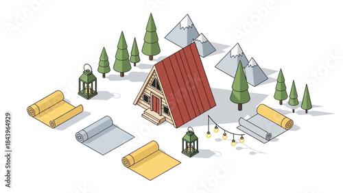 Isometric cabin scene with camping elements and mountains