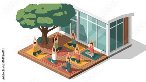 Outdoor yoga class in tranquil garden with modern architecture