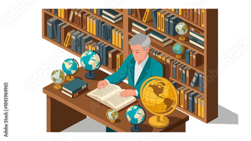 Isometric library scene with elderly man reading surrounded by globes and bookshelves