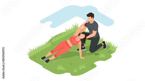 Isometric fitness training session: outdoor exercise with personal trainer