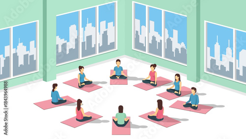 Group yoga class in modern urban studio with cityscape windows and isometric design