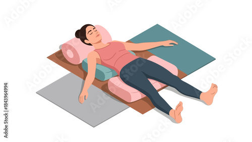 Woman practicing relaxation pose on mats with cushions in calm setting