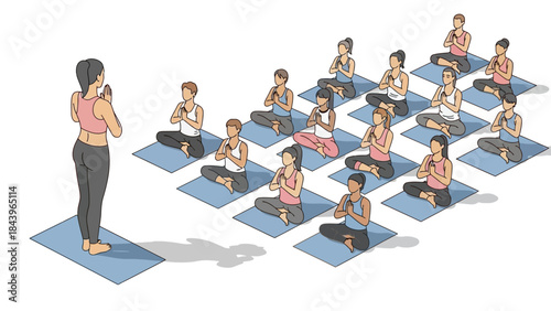 Group yoga class with instructor leading meditation in a flat style