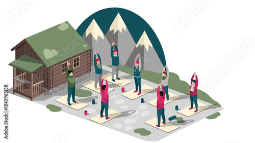 Mountain retreat: group yoga practice in scenic isometric landscape