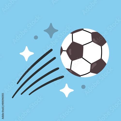Flat vector illustration of a football flying after a kick. Dynamic soccer ball in motion, isolated on background. Concept of goal, sport action, kids football, training and match moments.