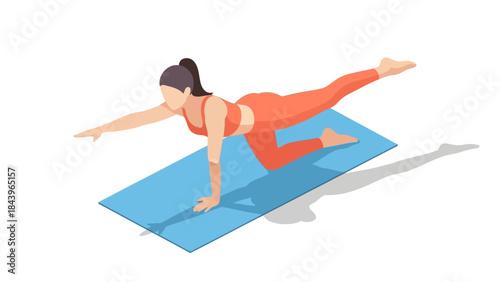 Unique yoga pose in isometric style with woman on mat in workout attire