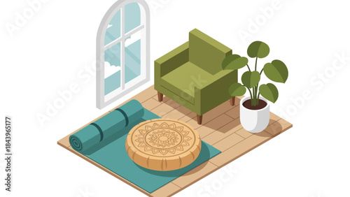 Cozy isometric living room with green armchair and indoor plant