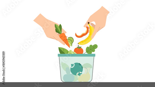 Flat design: hands composting vegetables and fruits into bin